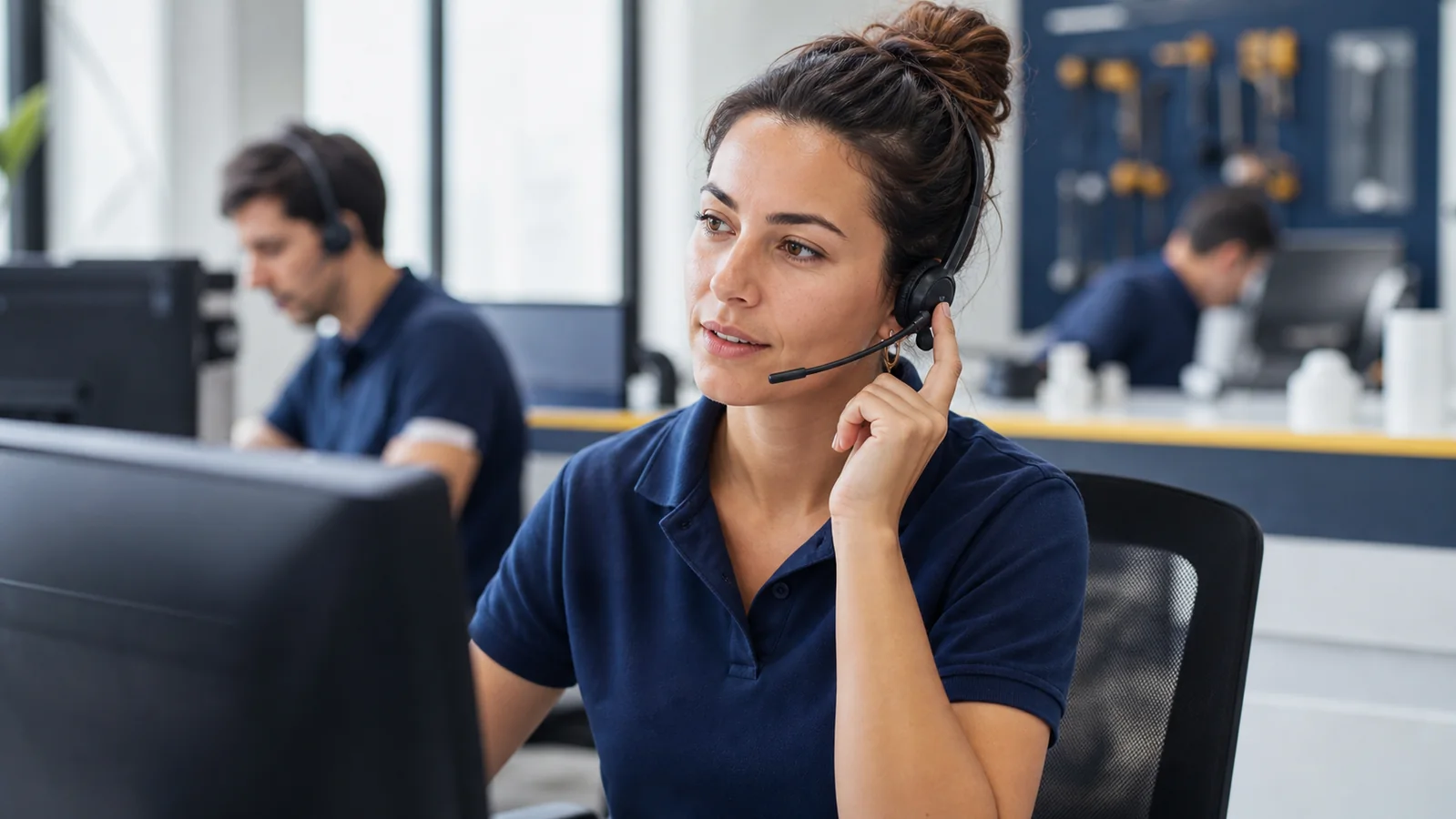 Agente de atención al cliente gestionando una llamada con calma
