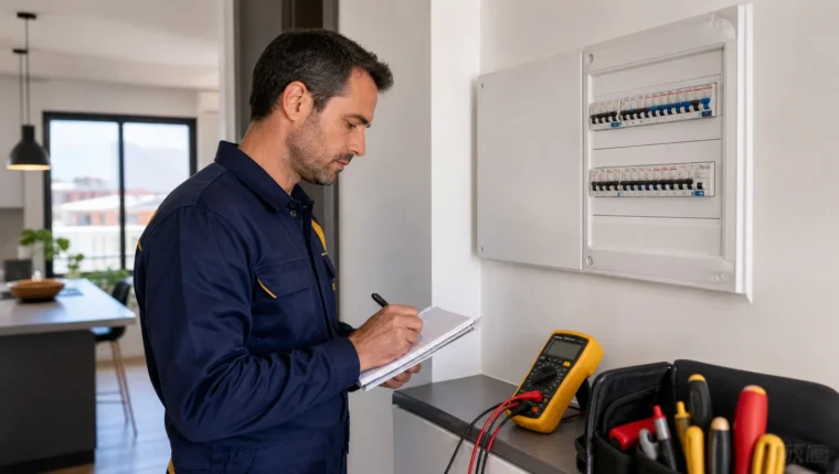 Electricista documentando una avería del cuadro eléctrico