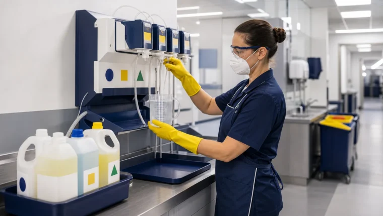 Profesional preparando la dilución correcta de un producto de limpieza