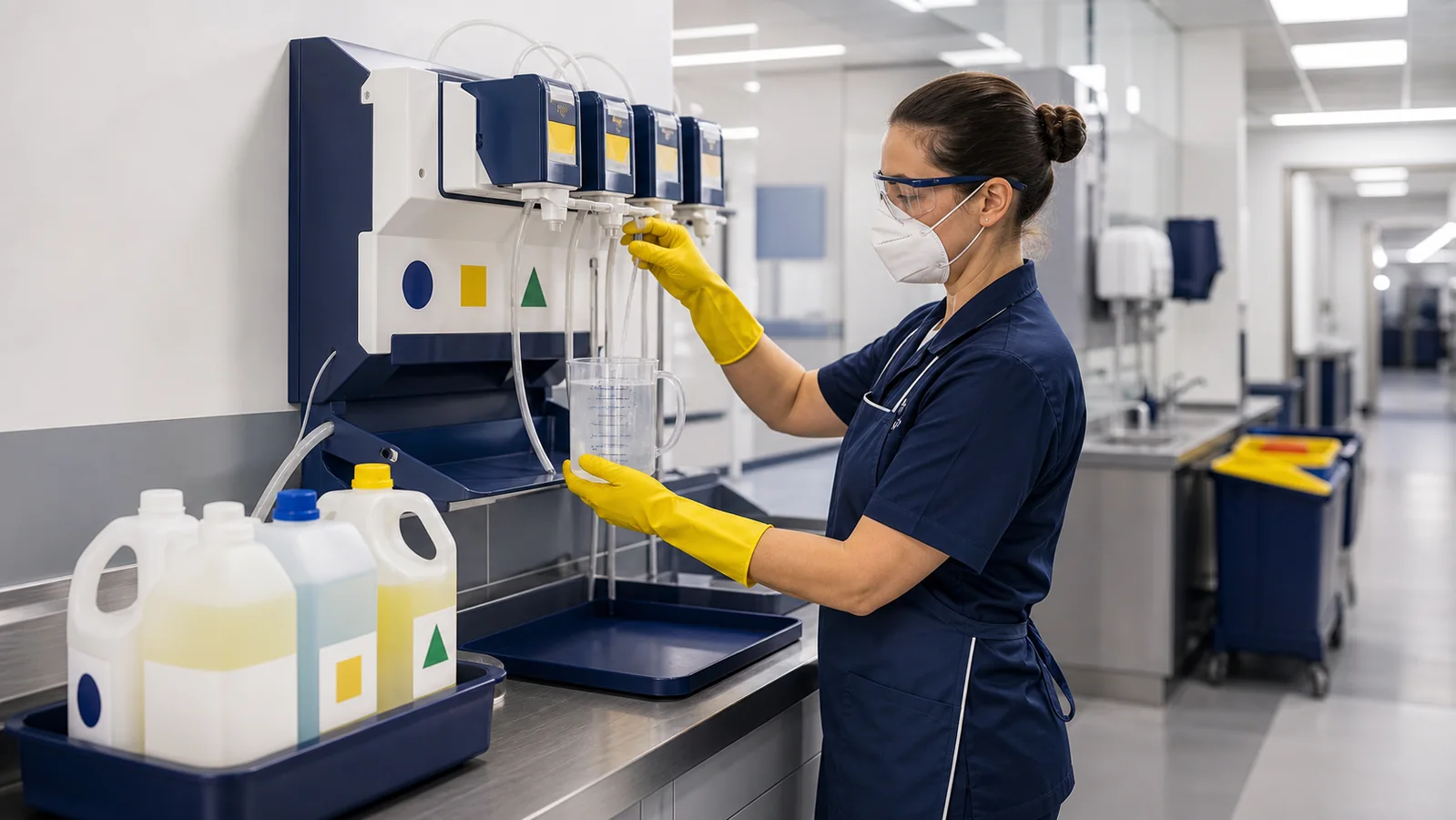 Profesional preparando la dilución correcta de un producto de limpieza