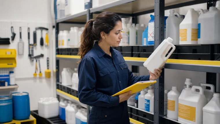 Supervisora revisando el almacenamiento seguro de productos de limpieza
