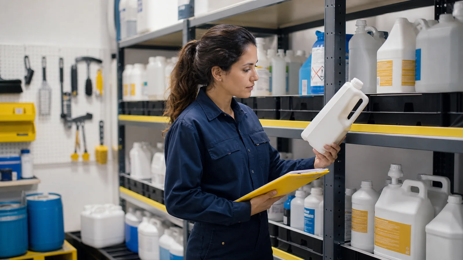 Supervisora revisando el almacenamiento seguro de productos de limpieza