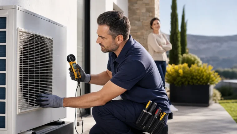 Técnico revisando una bomba de calor exterior