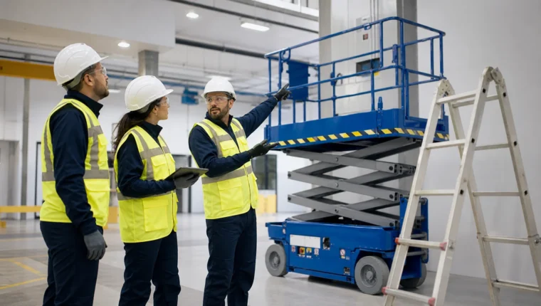Equipo planificando un trabajo en altura con plataforma elevadora