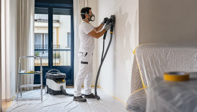 Pintor preparando una pared con aspiración de polvo