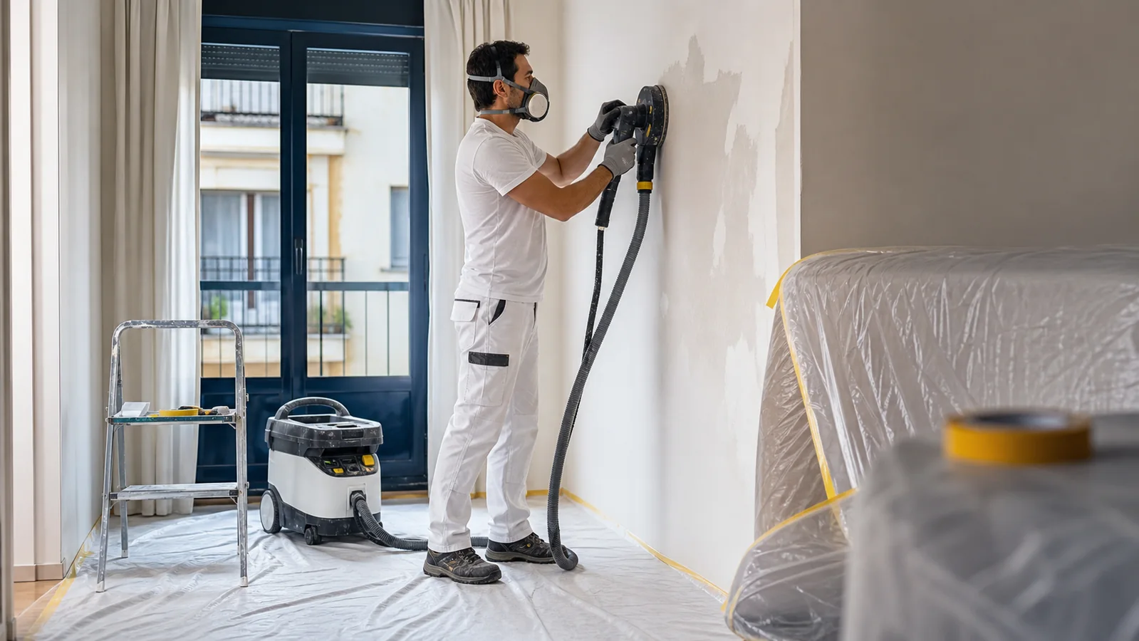 Pintor preparando una pared con aspiración de polvo