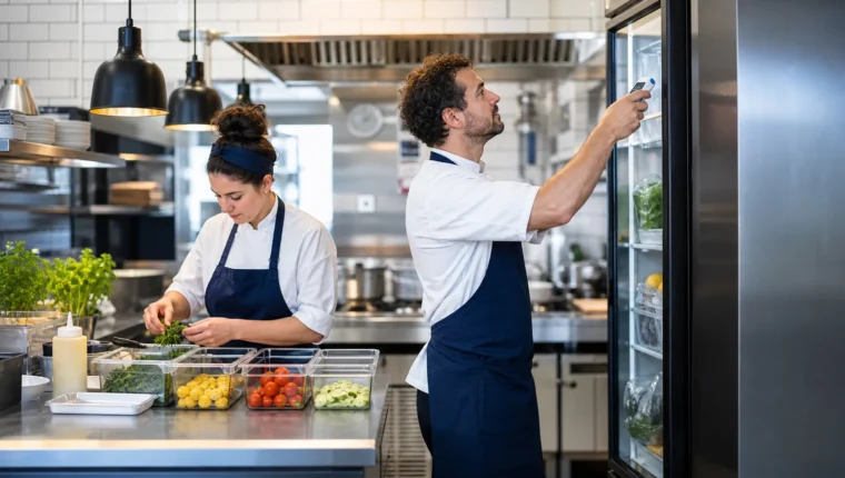 Equipo de cocina aplicando controles de higiene alimentaria
