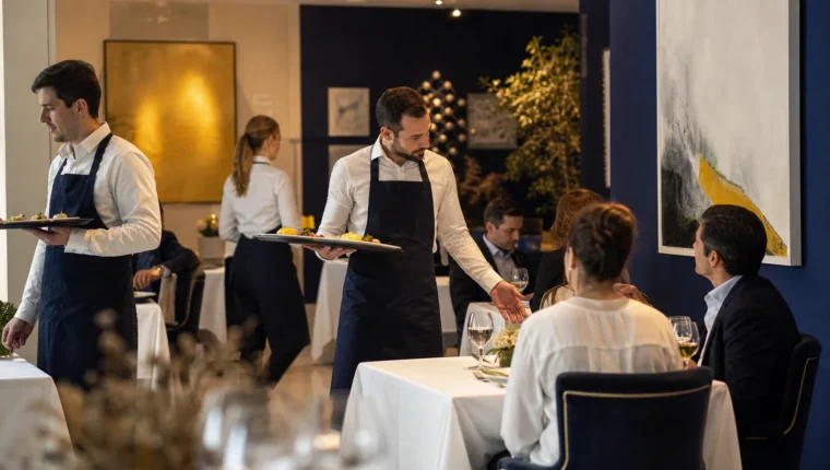 Equipo de sala coordinando el servicio de un restaurante
