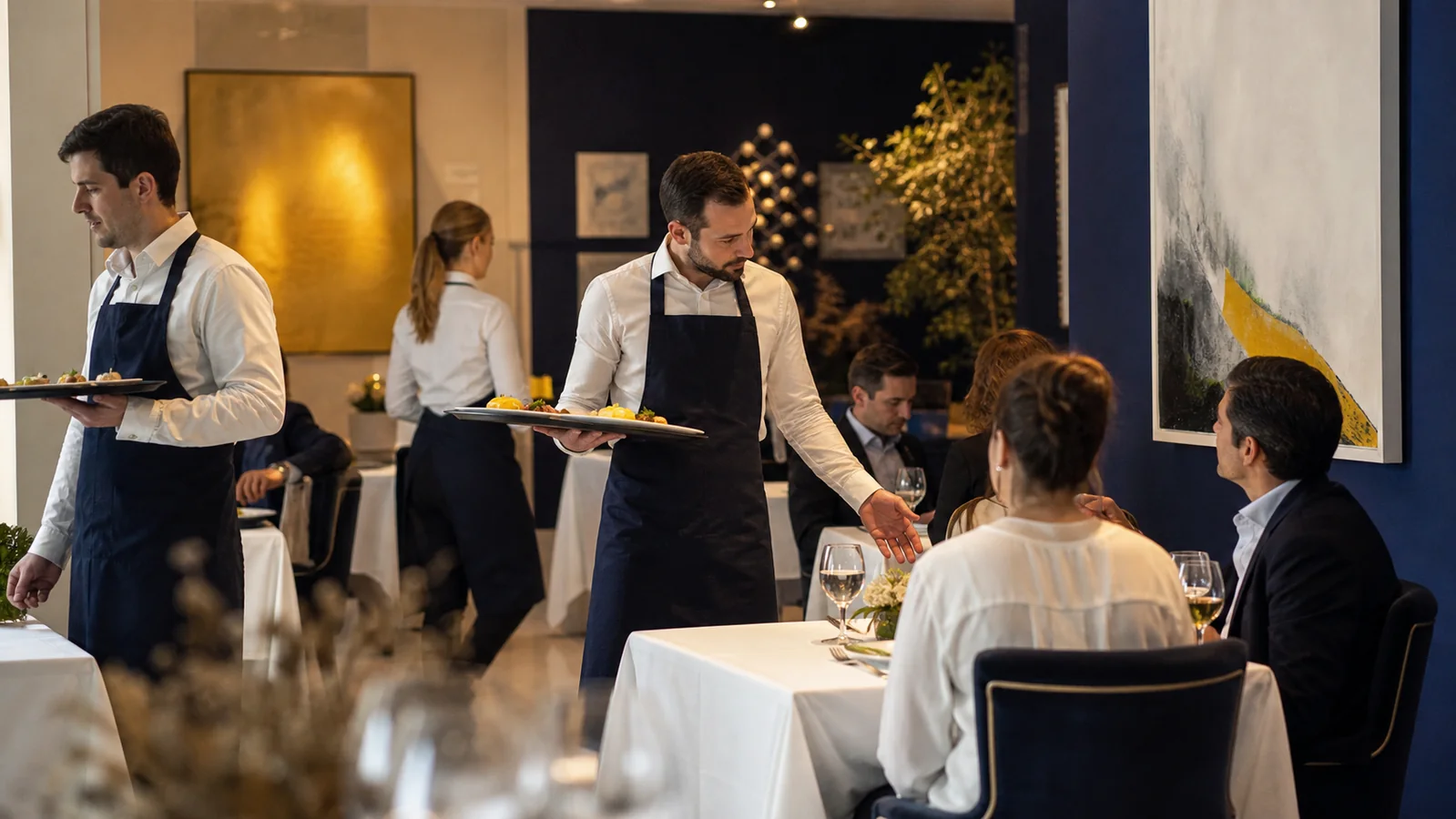 Equipo de sala coordinando el servicio de un restaurante